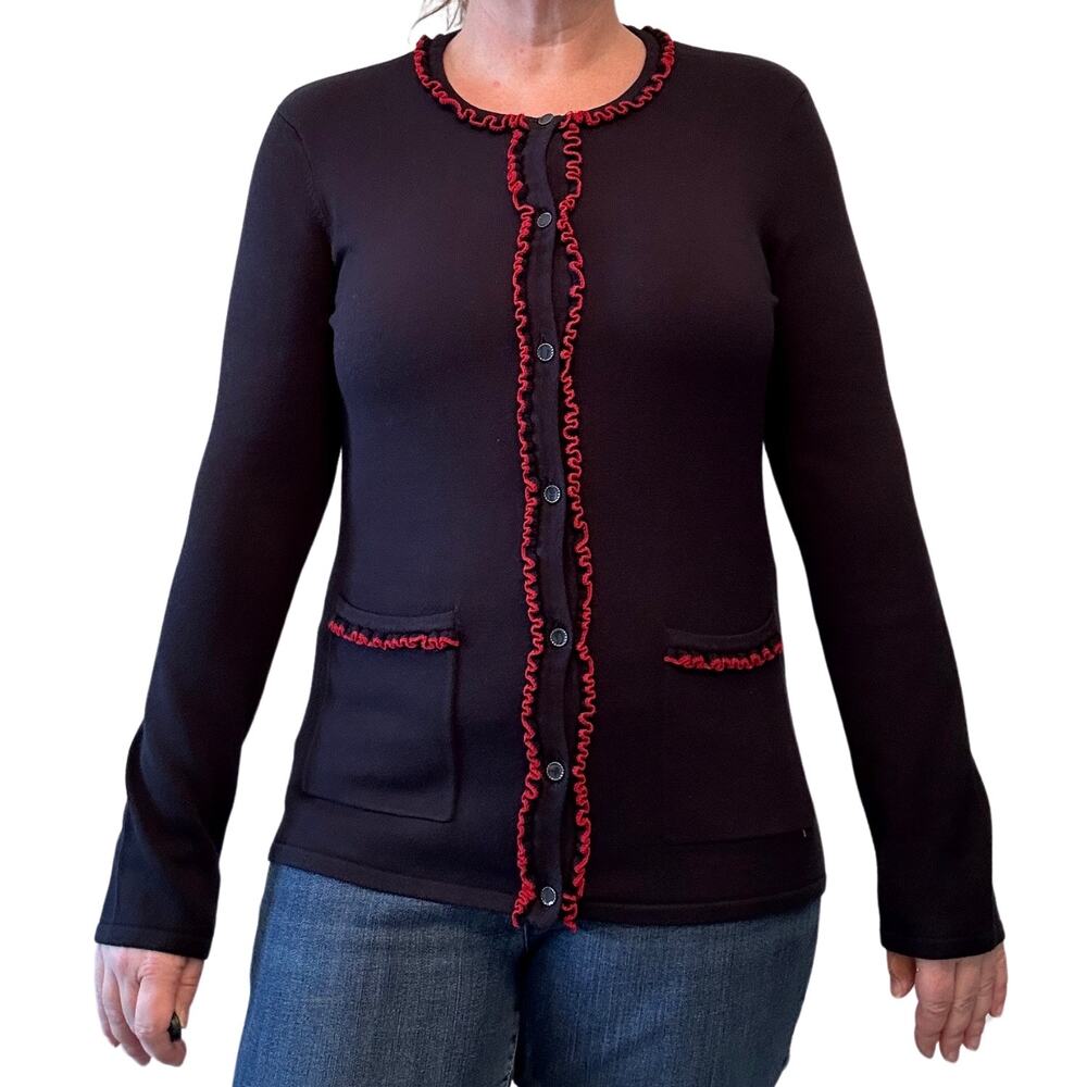 Vintage Preppy Cardigan, Navy Blue w. Red Ruffles, Retro Quiet Luxury, Size M